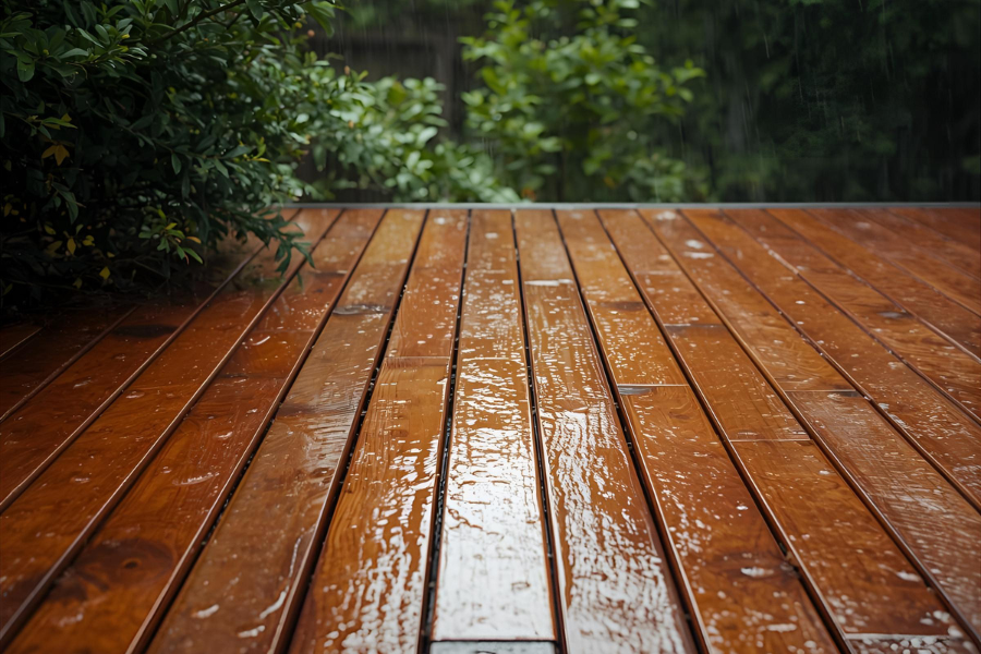 Natural cedar deck sealed for rainy weather durability